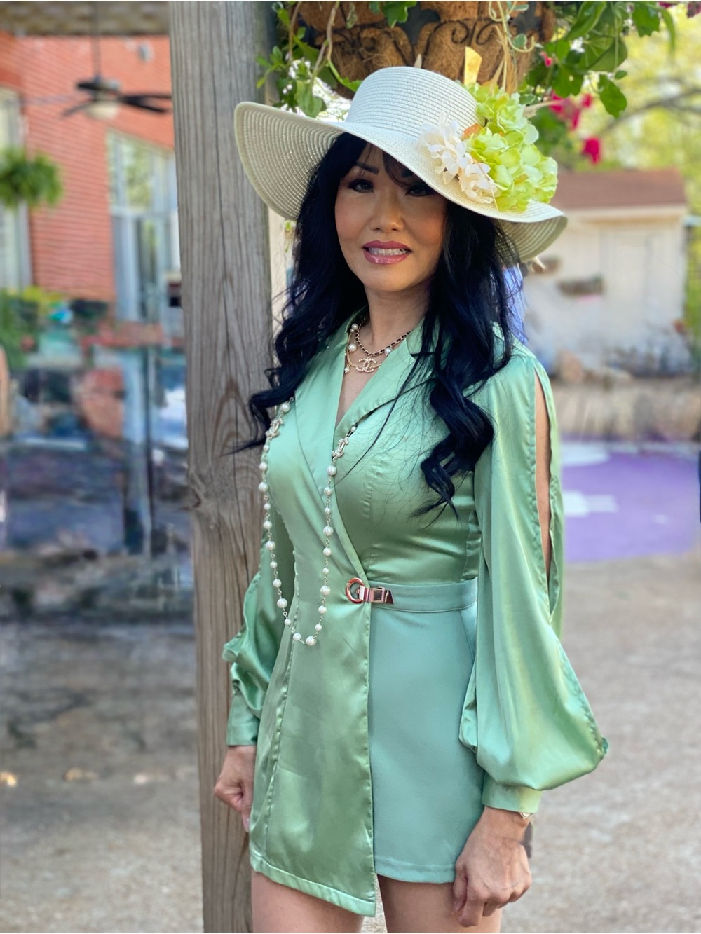 The Sang Sage Green Satin Jumpsuit Romper